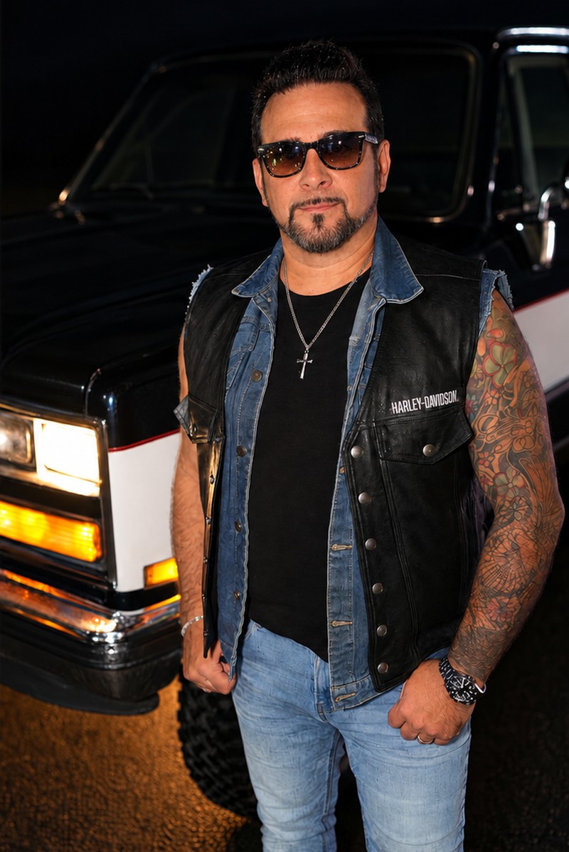 Sal (lead vocals) in a leather Harley-Davidson vest, standing by the truck's headlights.